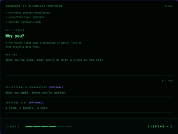 A dark screen displaying green terminal text with sections labeled "SKIRMISH // ALPHALIST PROTOCOL", "Why you?", and listing collectors and waiting list options.