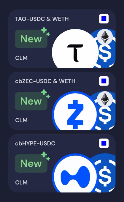 A dark-themed mobile app interface displays three new cryptocurrency liquidity mining (CLM) options: TAO-USDC & WETH, cbZEC-USDC & WETH, and cbHYPE-USDC.