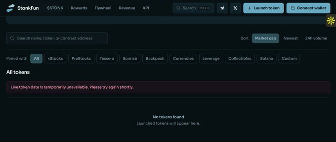 A screenshot of the StonFun platform homepage showing the token listing page with filters like 'xStocks', 'PreStocks', 'Tessera', and 'Solana', currently displaying 'No tokens found' with a message that live token data is temporarily unavailable.