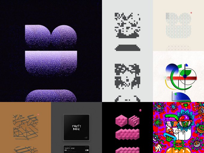 A grid collage of various graphic design projects featuring 3D purple spheres, pixel art characters, typographic compositions, cassette tapes, and colorful cartoon illustrations.