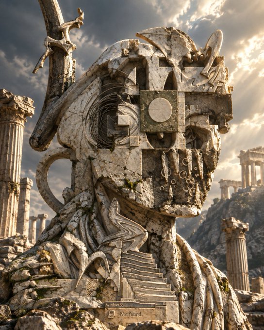 A surreal, monumental stone sculpture of a face intertwined with architectural elements, featuring a spiral staircase and the text 'Windows S$ ... Not found.' at the base, set against a backdrop of ancient columns.