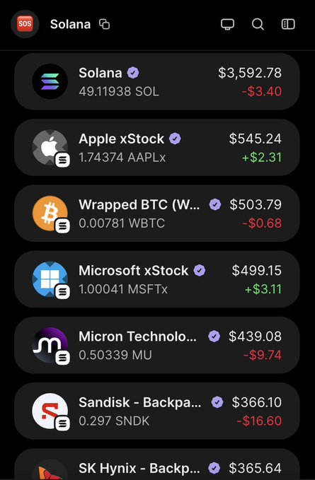 A cryptocurrency wallet interface displays tokenized stock holdings on the Solana blockchain, showing assets like SOL ($173.13), Micron Technology (MU), Sandisk (SNDK), and SK Hynix, each marked with verified checkmarks—demonstrating Solana's capability to host tokenized versions of real-world equities, as the caption "btw, this is Only Possible on Solana" suggests.