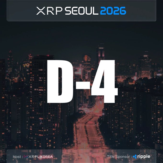 A countdown graphic for XRP SEOUL 2026 showing 'D-4' over a night cityscape, hosted by XRPL KOREA with title sponsor Ripple.