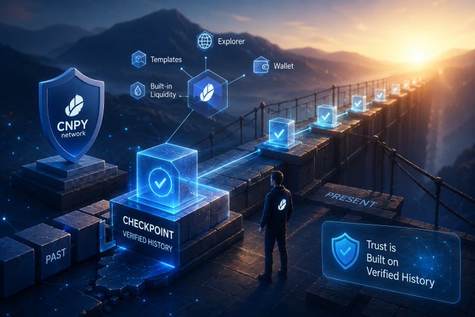 A futuristic landscape image for 'CNPY network' showing a figure standing on a bridge with blockchain-themed blocks labeled 'PAST,' 'PRESENT,' and 'CHECKPOINT VERIFIED HISTORY,' alongside feature callouts for Explorer, Templates, Wallet, and Built-in Liquidity.