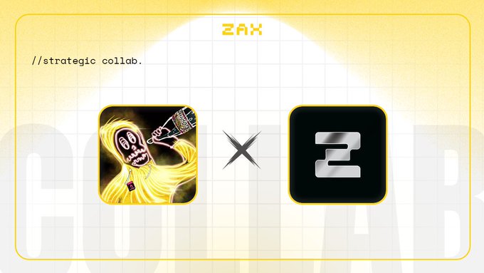 A promotional graphic for ZAX announcing a strategic collaboration with Rekt Guy, featuring the Rekt Guy character artwork alongside the number "2" logo, connected by a multiplication "X" symbol on a yellow grid background with the "//strategic collab." text.