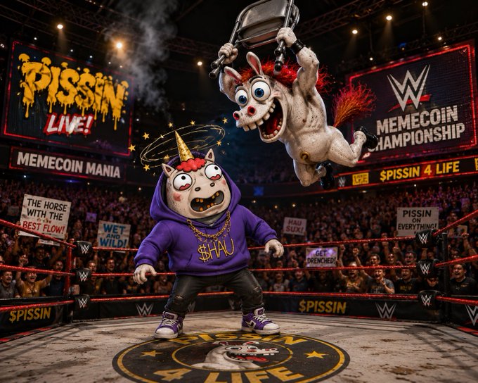 A surreal WWE wrestling arena scene featuring cartoonish mascot characters in a ring for a 'Pissin Live!' and 'Memecoin Championship' event, with banners reading 'Memecoin Mania' and 'Spissin 4 Life,' and one character wearing a purple hoodie with '$HU' on it.
