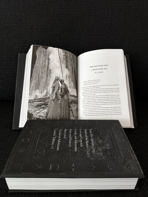 An open book titled 'The Hunted Did A Hunting Go' by Tadhg is displayed alongside another closed dark book with gold embossed text, set on a black background.