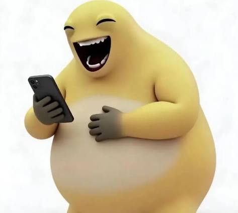 A rotund, yellow, cartoonish figure laughs hysterically while clutching a smartphone, visually embodying the comedic reaction to a MacBook Pro outperforming $ETH in value. The image humorously captures the absurdity and ironic amusement of the situation described in the post.