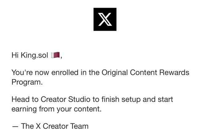 The image shows an X (formerly Twitter) email notification addressed to "King.sol 📕" confirming enrollment in the "Original Content Rewards Program," with instructions to head to Creator Studio to finish setup and start earning. The email relates to the post by showing the creator has been accepted into the program, but the actual profitability remains unknown until they begin monetizing content through Creator Studio.