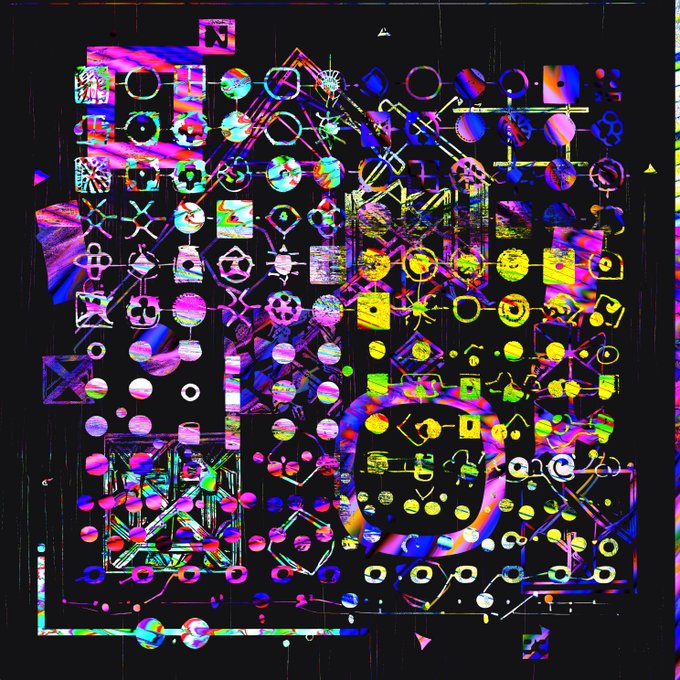 An abstract, glitch-art style digital composition with colorful geometric shapes, circles, and symbols arranged in a complex pattern on a black background.