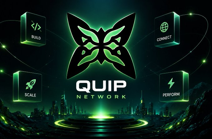 A promotional graphic for 'QUIP NETWORK' features a green butterfly logo with four surrounding icons labeled 'BUILD', 'CONNECT', 'SCALE', and 'PERFORM' against a dark cityscape backdrop.