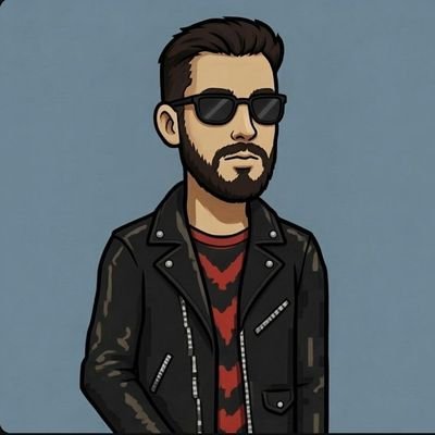A cartoon-style illustration of a bearded man wearing sunglasses, a black leather jacket, and a red and black shirt against a blue background.