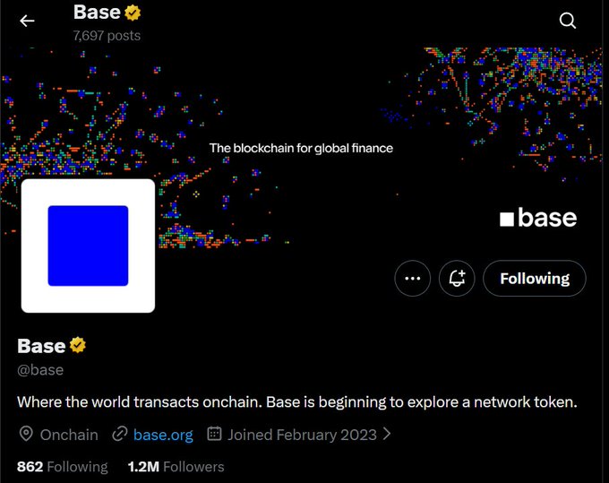 The image shows a social media post from Base, which has been shared by several people. The post features a blue square with white text that reads "The blockchain for global finance". The post also includes a link to a Twitter account named @baseorg, where users can follow and engage in discussions about the topic of the post.