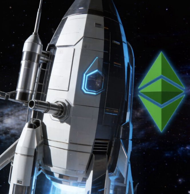 The image features a futuristic rocket ship with blue lights, set against a backdrop of stars and planets. The rocket appears to be in motion, flying through space. Below the rocket, there's a green triangle symbol that reads "ETH". This suggests that the image is related to an upcoming SpaceX IPO or a similar event involving the cryptocurrency market. The post also mentions that the crypto market might experience short-term pressure due to the upcoming IPO of the company.