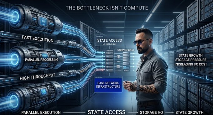 A conceptual tech illustration titled "THE BOTTLENECK ISN'T COMPUTE" shows a man standing next to data pipelines highlighting "FAST EXECUTION" and "STATE ACCESS", identifying base network infrastructure limitations.
