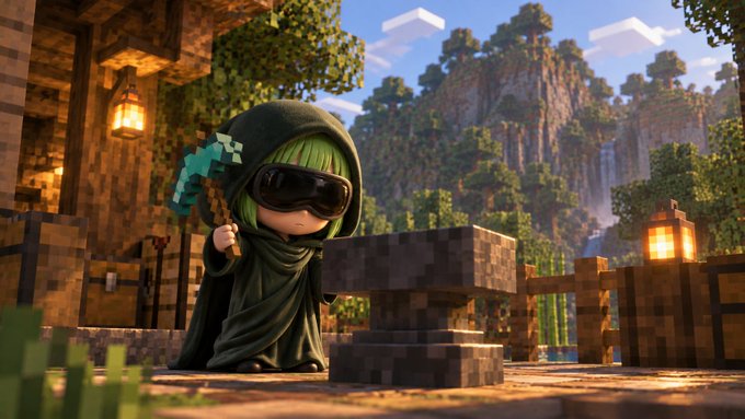 A chibi-style character in a green hooded cloak and goggles stands next to a custom stone anvil, holding a diamond pickaxe in a Minecraft-inspired world. The image humorously presents a stylized "custom anvil" as the highlight of the intern's debut post.
