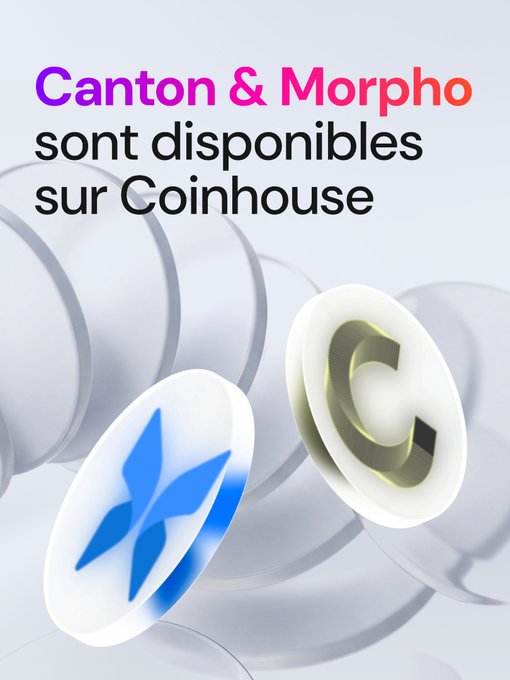 The image is a Coinhouse promotional graphic featuring 3D coin renderings of the Canton ($CC) blue logo and Morpho white "C" logo, with the text "Canton & Morpho sont disponibles sur Coinhouse" (Canton & Morpho are available on Coinhouse) displayed in purple and pink gradient lettering.