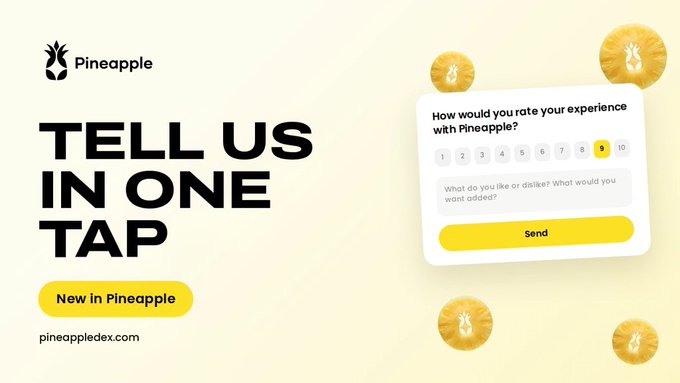 A promotional banner for Pineapple featuring the text 'TELL US IN ONE TAP' with a 'New in Pineapple' button and an illustration of a feedback survey rating experience on a scale of 1-10 at pineappleplex.com.