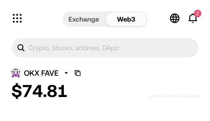 The image shows the OKX Web3 interface with a search bar for crypto, stocks, addresses, and DApps, displaying "OKX FAVE" at a value of $74.81. It relates to the post by illustrating the OKX Web3 platform's tools for finding the best swap rates across DEXs, addressing the frustration of manually comparing rates on multiple apps.