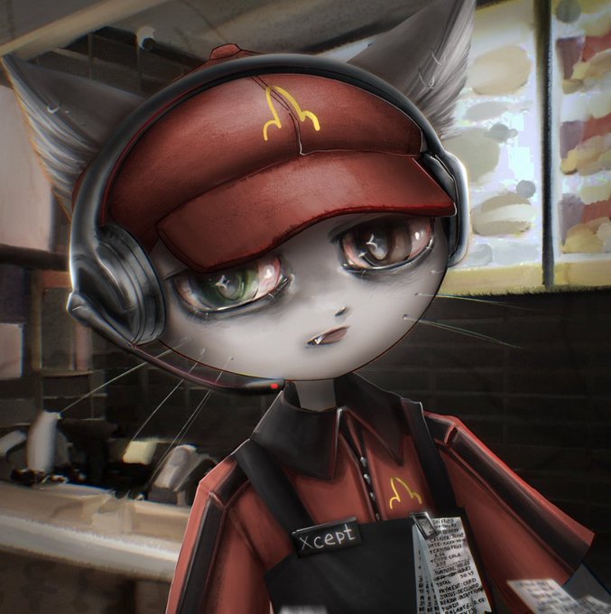 An anthropomorphic cat fast food worker wearing a red cap, headset, and apron with "xcept" and a McDonald's-style "M" logo on her name tag stands in a restaurant kitchen. The image humorously suggests that handling a $mon investment would require more than a typical employee's attention, mirroring the post's pitch for massive returns on the token.