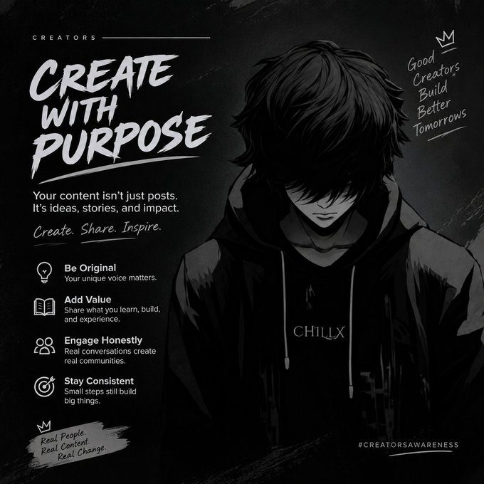 A black-and-white creator-awareness poster says “CREATE WITH PURPOSE” and lists guidance such as “Be Original,” “Add Value,” “Engage Honestly,” and “Stay Consistent,” alongside “Good Creators Build Better Tomorrows.”