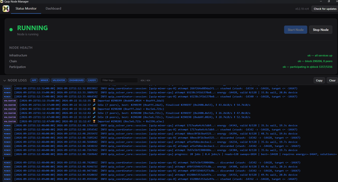 A Nillion Node Manager dashboard showing a running status, infrastructure details, and a log of validator activity with timestamps from 2026-09-21.