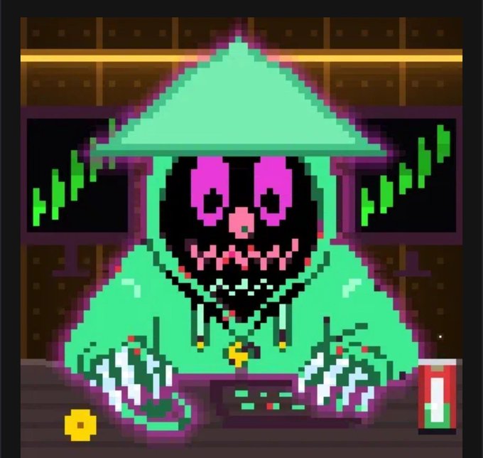 A pixel art image of a green-hooded skeletal figure with pink glowing eyes, displaying financial candlestick charts on screens in the background.
