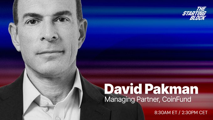 A black-and-white portrait of David Pakman, Managing Partner of CoinFund, is displayed against a red, white, and blue streaked background promoting his appearance on "The Starting Block" show at 8:30AM ET / 2:30PM CET to discuss topics including Prediction Markets, Young Investors, Wall Street Going On-Chain, and AI Agents Disrupting Brand Loyalty.