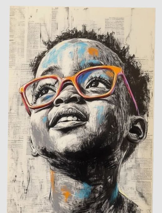 A mixed-media portrait of a young person with glasses, rendered in charcoal and vibrant orange and blue paint splashes on a newspaper-text background, gazing upward with a hopeful smile that complements the post's cheerful "Happy Taco Tuesday" message and its question about what everyone is minting and grinding on this blessed day.