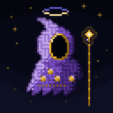 A pixel art illustration depicts a floating purple wizard-like cloak with a hollow face, a halo, and a golden staff against a starry night sky.