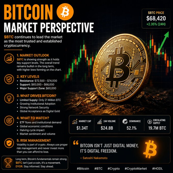 A Bitcoin Market Perspective infographic showing $BTC price at $68,420 (+2.35% 24H), featuring sections on market outlook, key resistance/support levels ($72,500-$74,000 / $65,000-$66,000), what drives Bitcoin, and a quote: 'Bitcoin isn't just digital money, it's digital freedom.' — Satoshi Nakamoto.