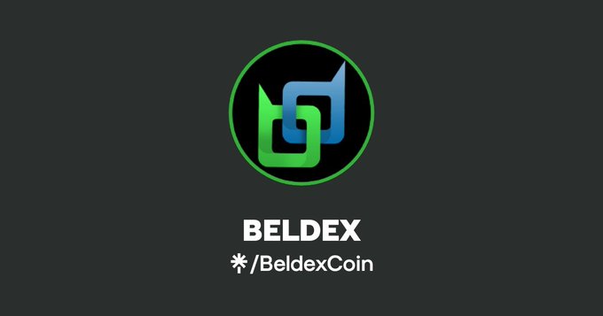 A digital logo on a dark background features interlinked green and blue shapes inside a circle, with the text "BELDEX" and "*/BeldexCoin" beneath it.