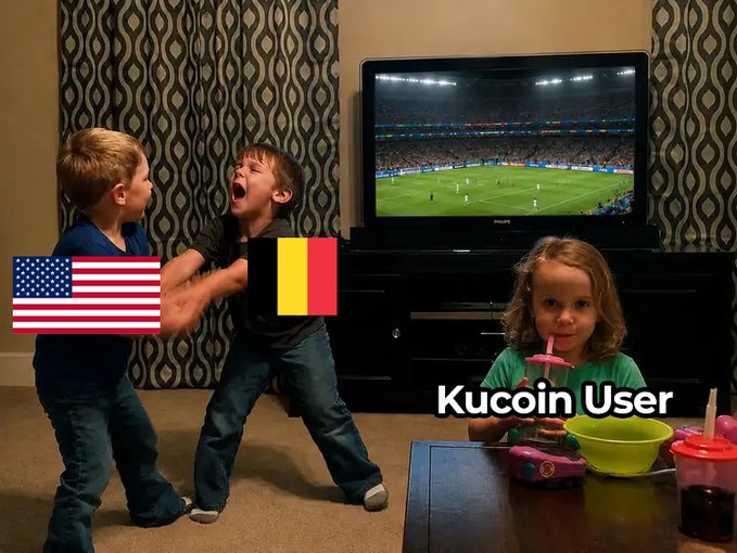 A child labeled "Kucoin User" sits calmly with snacks watching TV while two other kids overlaid with US and Belgium flags energetically wrestle, humorously contrasting the user's detached enjoyment of volatility amidst chaotic "international" action.