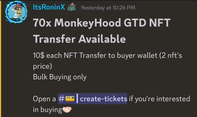 This Discord message from "ItsRoninX" announces 70x MonkeyHood GTD NFT transfers are available for $10 each, with bulk buying encouraged, directly referencing the attached post's giveaway and Discord link.