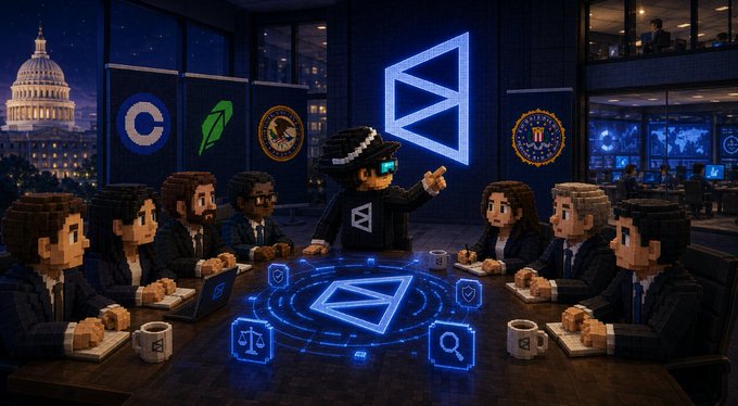 LEGO-style illustration depicting government officials around a conference table with an Ethereum logo, while a leader figure points to holographic interfaces.