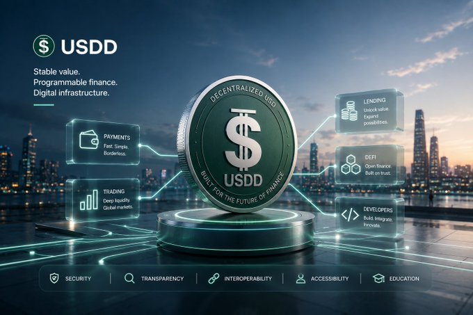 A promotional graphic for USDD stablecoin featuring a large 3D coin displaying 'DECENTRALIZED USD' and 'BUILT FOR THE FUTURE OF FINANCE,' surrounded by icons for Payments, Trading, Lending, DeFi, and Developers, set against a city skyline.