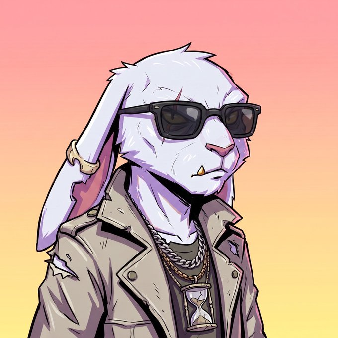 An anthropomorphic rabbit character with white fur, wearing black sunglasses, a tan trench coat, and gold chains with an hourglass pendant, stands against a sunset gradient background.