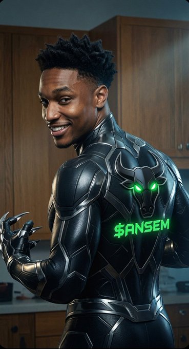 A smiling man in a dark, futuristic Black Panther-style suit with glowing green eyes on the mask and the glowing green text '$ANSEM' on the back, standing in a wood-paneled kitchen.