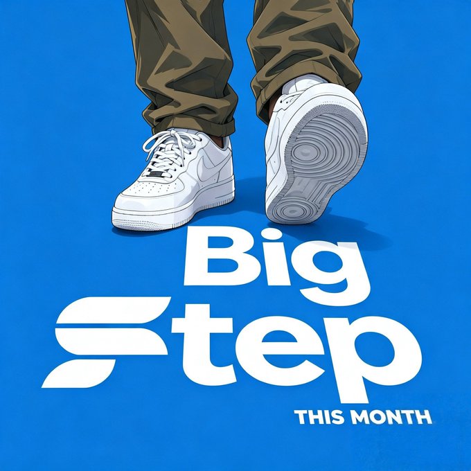 An illustration on a blue background shows a person wearing white Nike sneakers and olive pants, with one foot lifted to reveal the sole, alongside the text "Big Step THIS MONTH" and the Step logo.