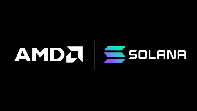 A graphic displaying the AMD and Solana logos side by side on a black background, separated by a vertical line.