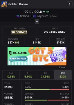 A cryptocurrency tracking page for 'Golden Goose' token (GG/GOLD, 15th) on Solana and Raydium shows a price of $0.0001432 and a market cap of $143K, featuring a BC.GAME promotional banner.