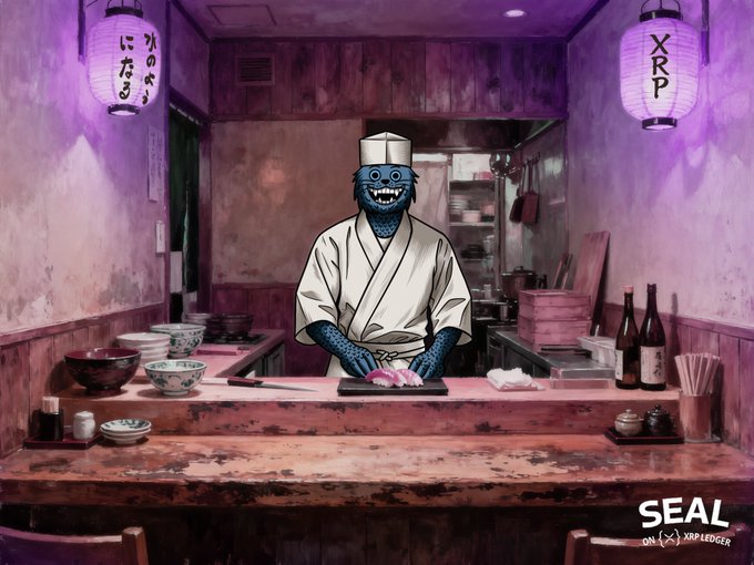 An anime-style illustration of a blue kappa-like creature dressed as a sushi chef at a restaurant counter, with XRP-branded paper lanterns and a 'SEAL ON (X) XRP LEDGER' logo in the corner.