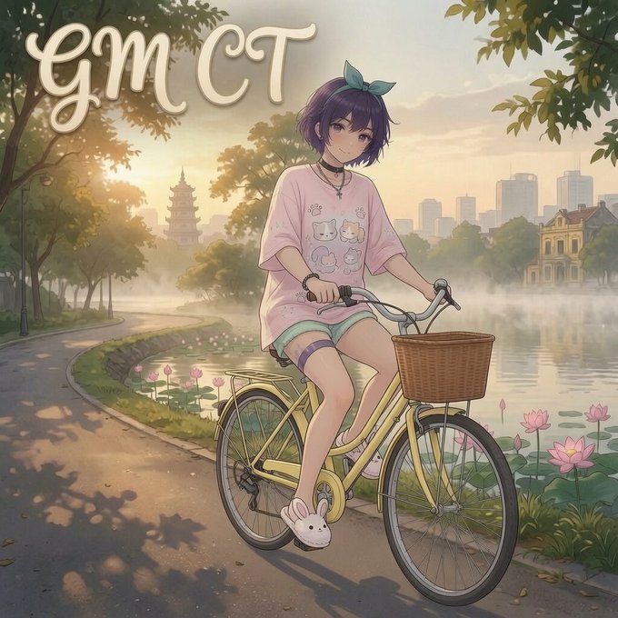 Anime-style illustration of a girl with purple hair and bunny slippers riding a yellow bicycle by a lotus pond, with 'GM CT' text.