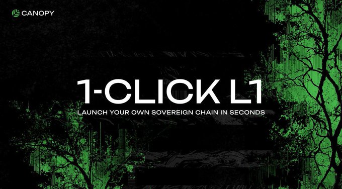 The image features a poster for an app called "1-CLICK L1", which is designed to help developers launch their own sovereign chains in seconds. The poster includes a green tree design, with the text "1-CLICK L1" written above and below it. Below this, there's some text that reads "focus on what is in the image and how it relates to the post". This suggests that the poster is promoting an app related to chains or network infrastructure, possibly offering a new way for developers to manage their own networks instead of relying on existing platforms.
