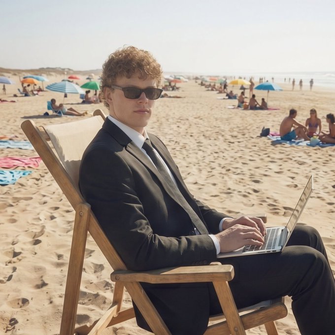 The image features a man sitting in an outdoor chair at the beach while using his laptop computer. The scene suggests that he might be working or studying, possibly for personal or professional reasons. The presence of multiple umbrellas indicates that this location is popular among beachgoers and could be a suitable spot to work on tasks like financial analysis or research.