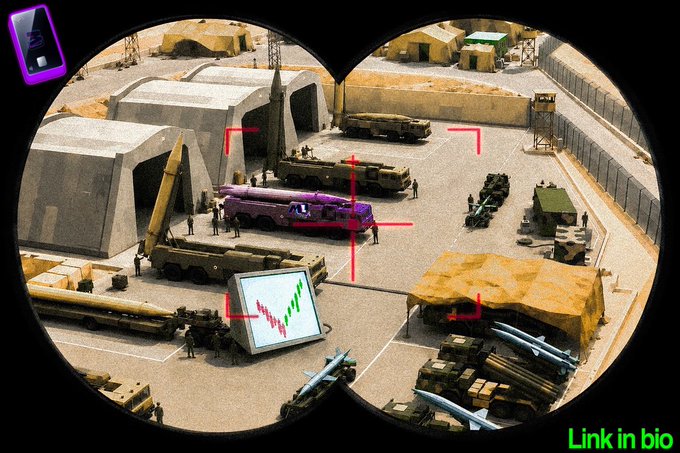 The image shows a first-person binocular view of a desert military base featuring missile launchers, supply trucks, an armored vehicle, and a monitor displaying a market chart with red and green candlestick patterns.

The image metaphorically ties to the post by depicting surveillance of fortified operations and market analysis, symbolizing Mavericks' strategic scouting for Web3 communities to collaborate and build with.

Text visible: "Link in bio"