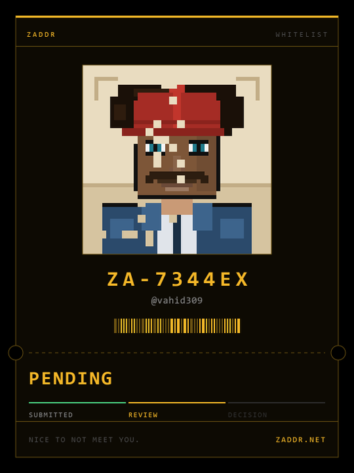 A pixel art ID card from ZADDR showing character ZA-7344EX (@vah1d309) in a pending whitelist review status.