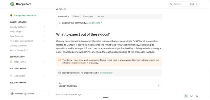 A screenshot of Canopy Docs 'About' page describing the Canopy documentation wiki, powered by GitBook, with sidebar navigation for Canopy Network and Secure Canopy sections.
