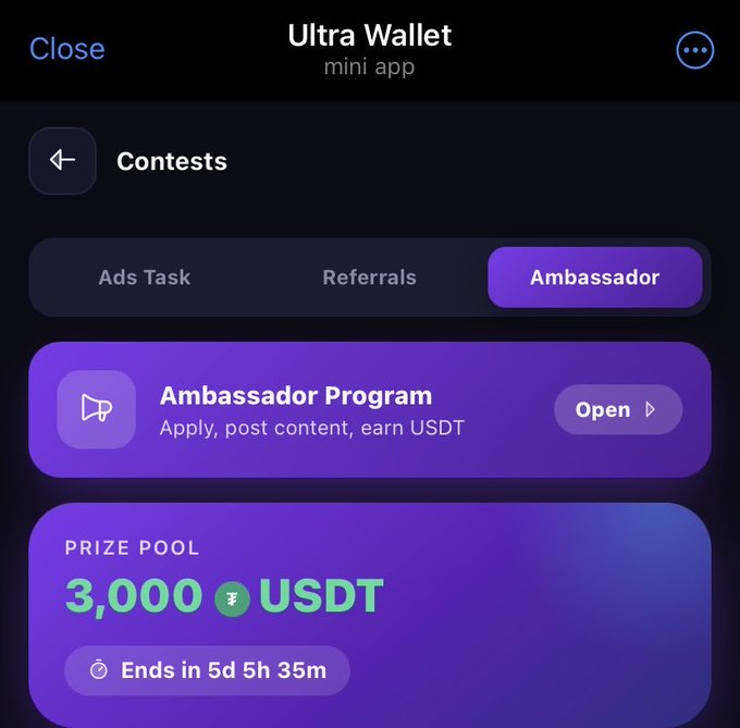 A screenshot of the "Ultra Wallet" mini app showing a Contests page with an Ambassador Program featuring a prize pool of 3,000 USDT ending in 5 days, 5 hours, and 35 minutes.