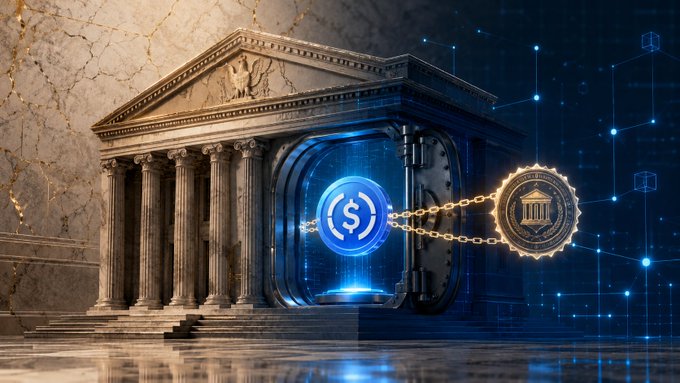 A digital artwork depicting a classical building with a vault door holding a USDC coin chained to a token, set against a backdrop of blockchain networks.